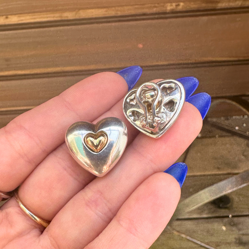 Vintage Sterling Silver & 14k Gold Heart Clip-on Earrings