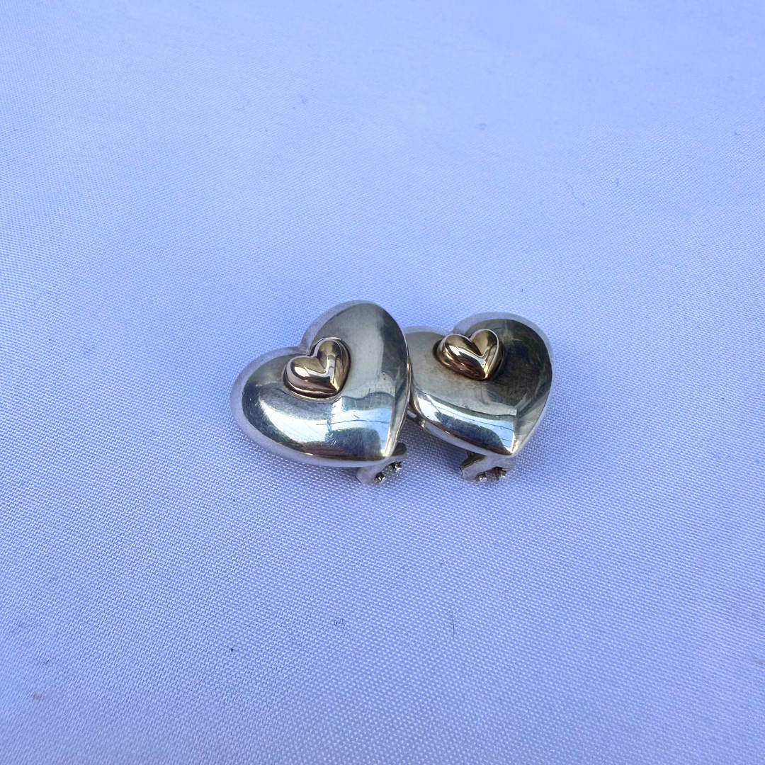 Vintage Sterling Silver & 14k Gold Heart Clip-on Earrings