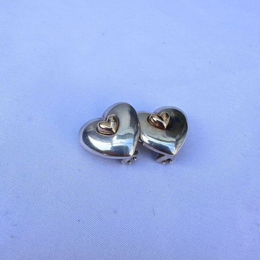 Vintage Sterling Silver & 14k Gold Heart Clip-on Earrings