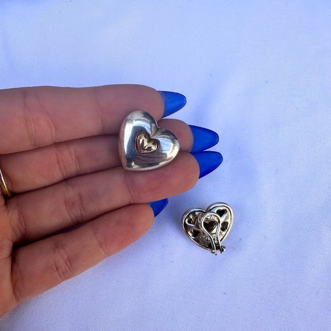 Vintage Sterling Silver & 14k Gold Heart Clip-on Earrings