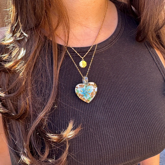 Blue Floral Heart Pendant Necklace