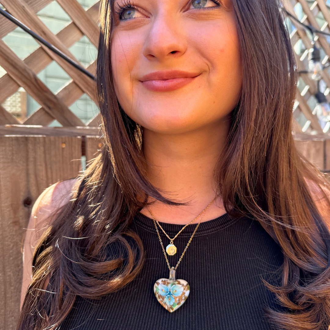 Blue Floral Heart Pendant Necklace