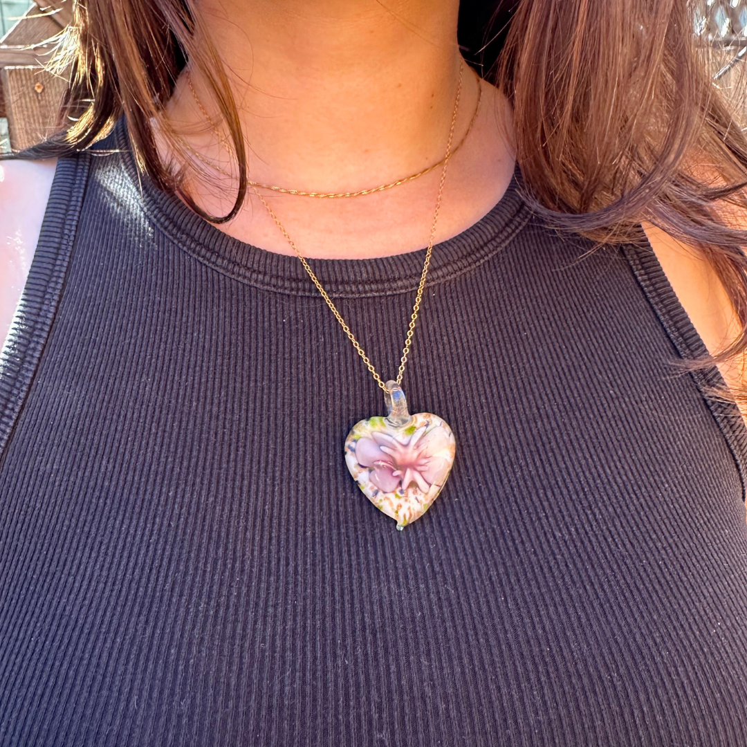 Pink Floral Heart Pendant Necklace